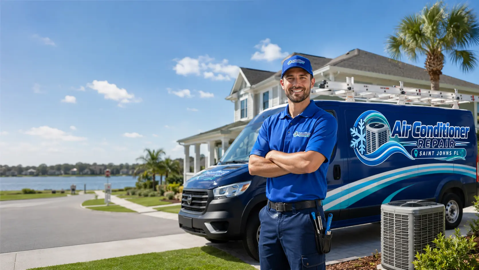 AC technician standing beside a branded service van outside a Saint Johns, Florida home